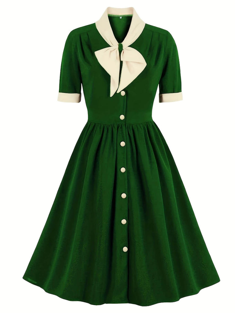 1940s Color Contrast Button Lapel Bow Dress
