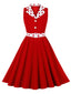 1950s Lapel Polka Dots Sleeveless Belted Dress