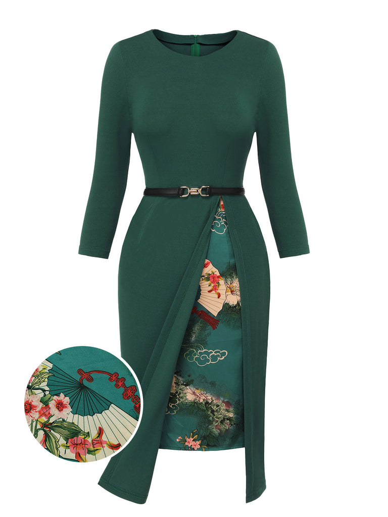 Dark Green 1940s Chinese Style Floral Belt Dress