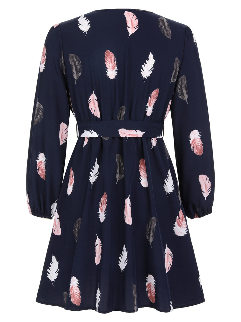 [Plus Size] 1950s V-Neck Feather Waist Dress