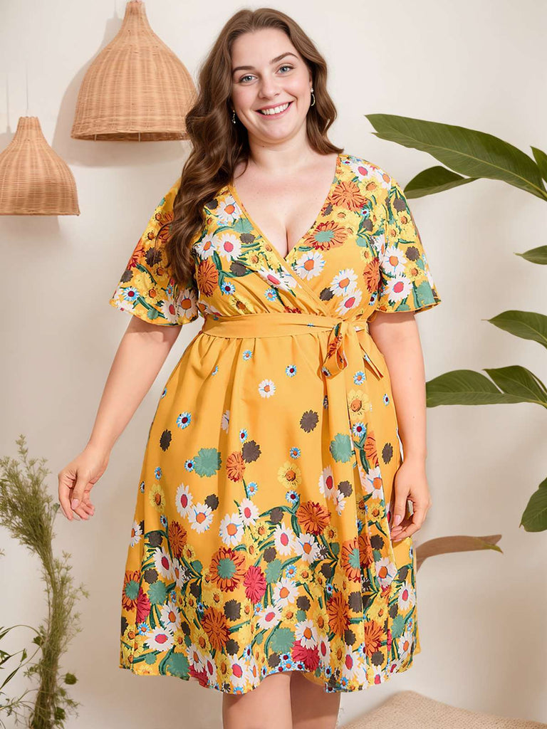 [Plus Size] Yellow 1950s V-Neck Belted Floral Dress