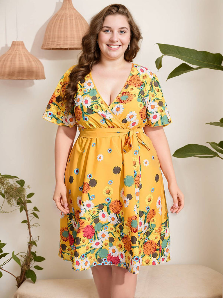 [Plus Size] Yellow 1950s V-Neck Belted Floral Dress