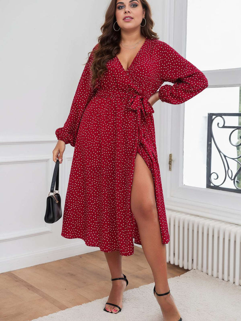 [Plus Size] Red 1940s V-Neck Polka Dot Lace-Up Dress