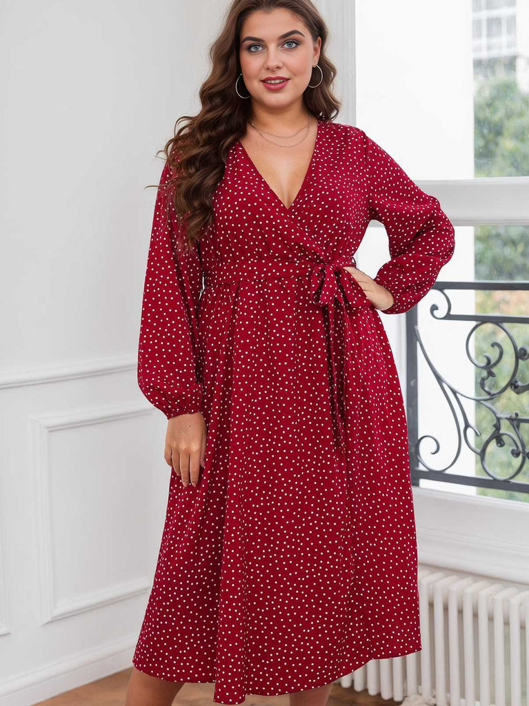 [Plus Size] Red 1940s V-Neck Polka Dot Lace-Up Dress