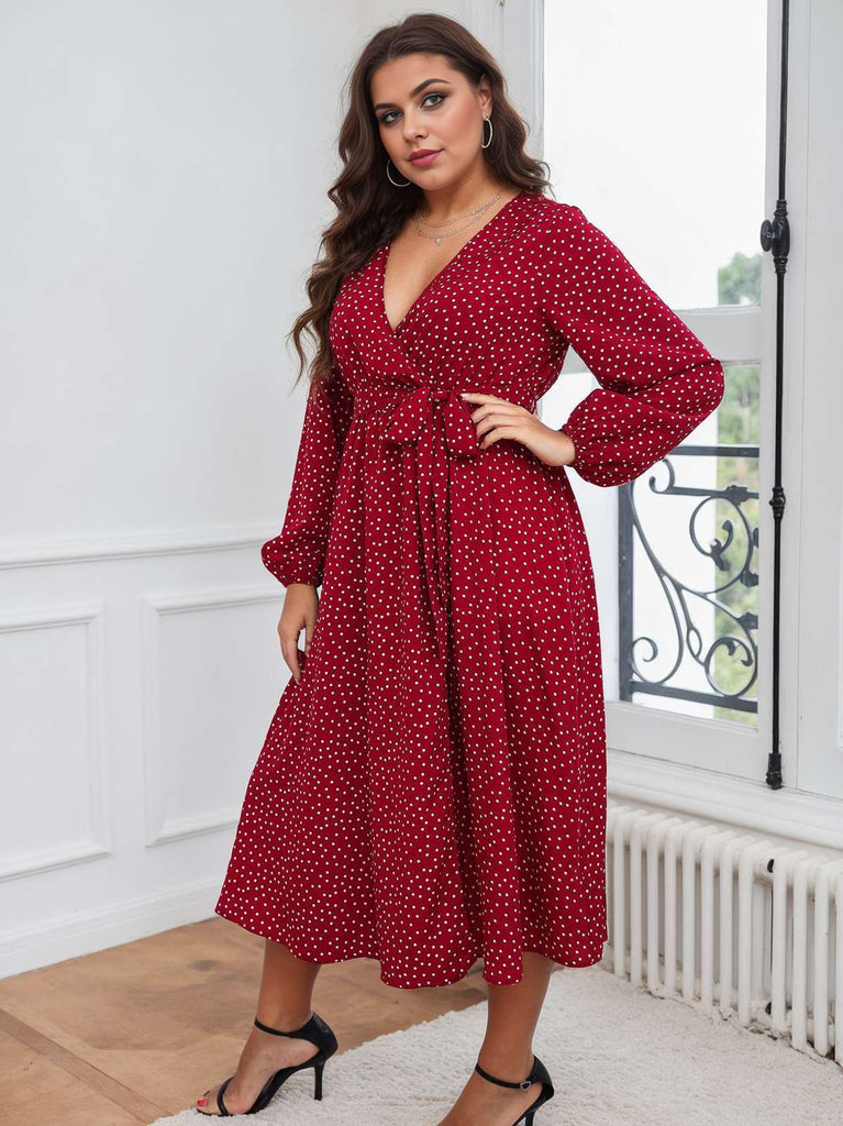 [Plus Size] Red 1940s V-Neck Polka Dot Lace-Up Dress