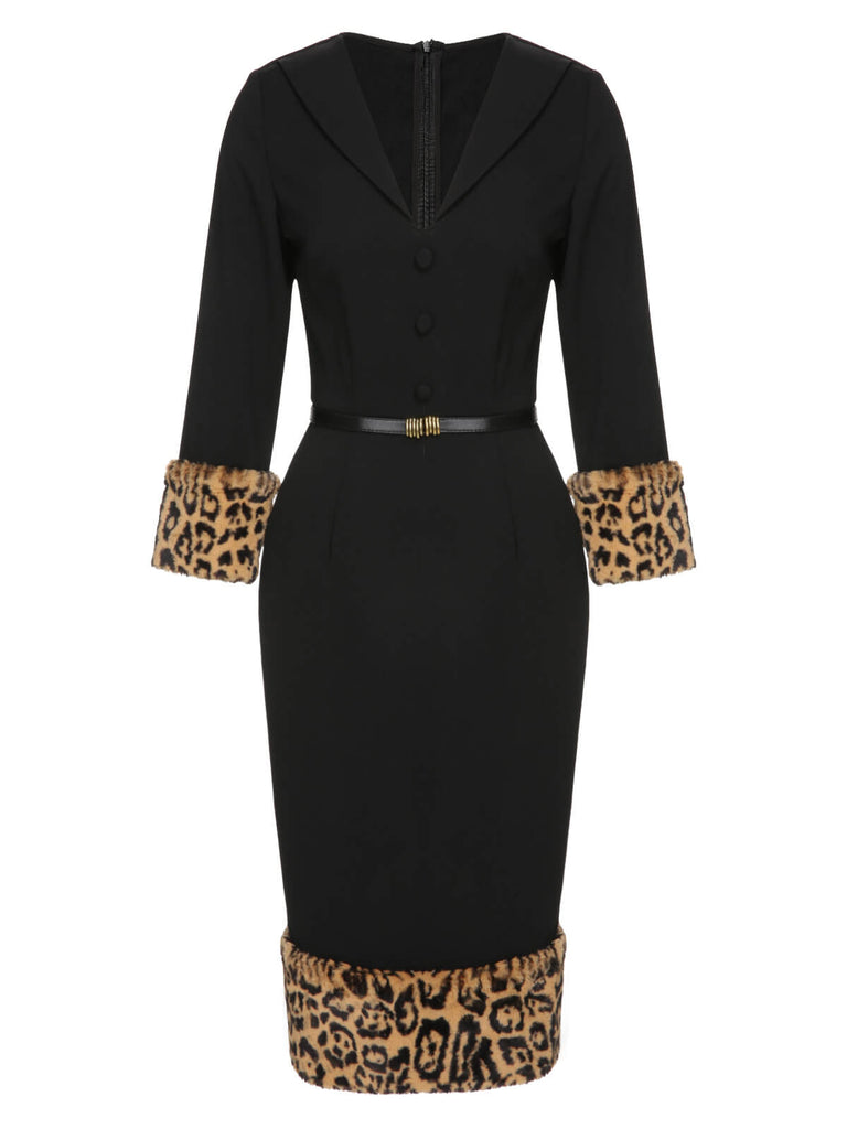 Black 1960s Leopard Plush V-Neck Pencil Dress
