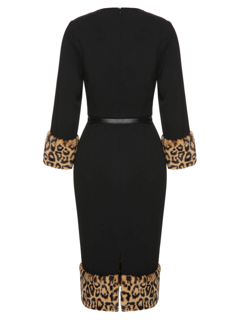 Black 1960s Leopard Plush V-Neck Pencil Dress