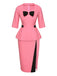 2PCS Pink 1960s Bow Waist Top & Slit Skirt