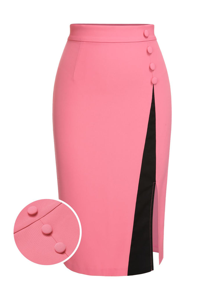 Black & Pink 1960s Buttoned Patchwork Slit Skirt