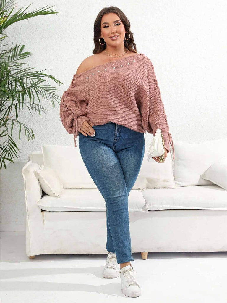 [Plus Size] 1950s Solid Pearl Lace-Up Sleeve One Shoulder Sweater
