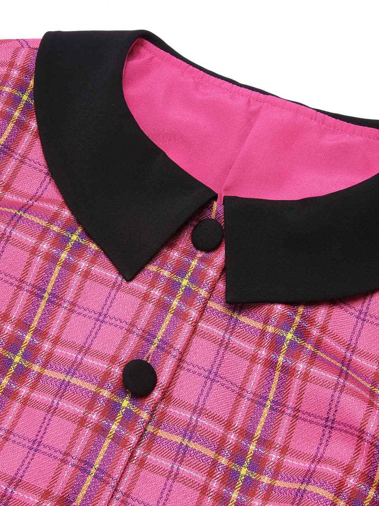 Pink 1950s Woven Plaids Long Sleeve Coat