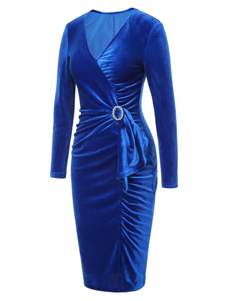 Dark Blue 1960s V-Neck Pleated Velvet Dress