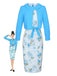 2PCS Sky Blue 1960s Lapel Coat & Floral Pencil Dress