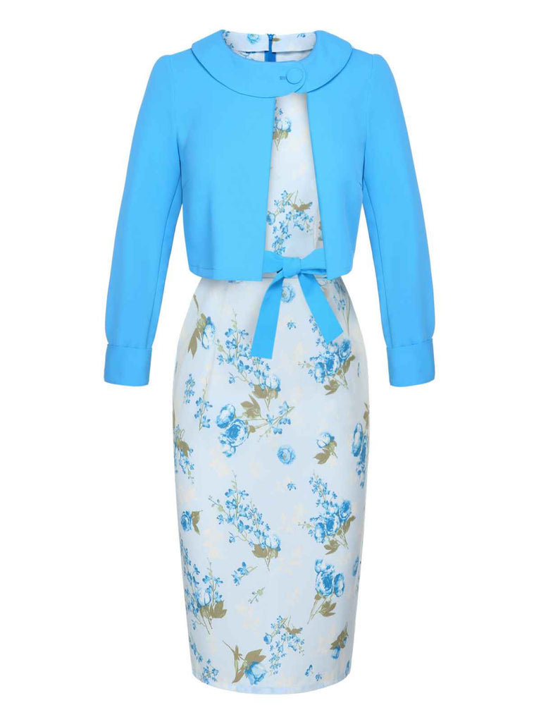 2PCS Sky Blue 1960s Lapel Coat & Floral Pencil Dress