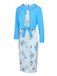 2PCS Sky Blue 1960s Lapel Coat & Floral Pencil Dress