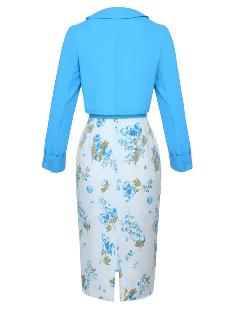 2PCS Sky Blue 1960s Lapel Coat & Floral Pencil Dress