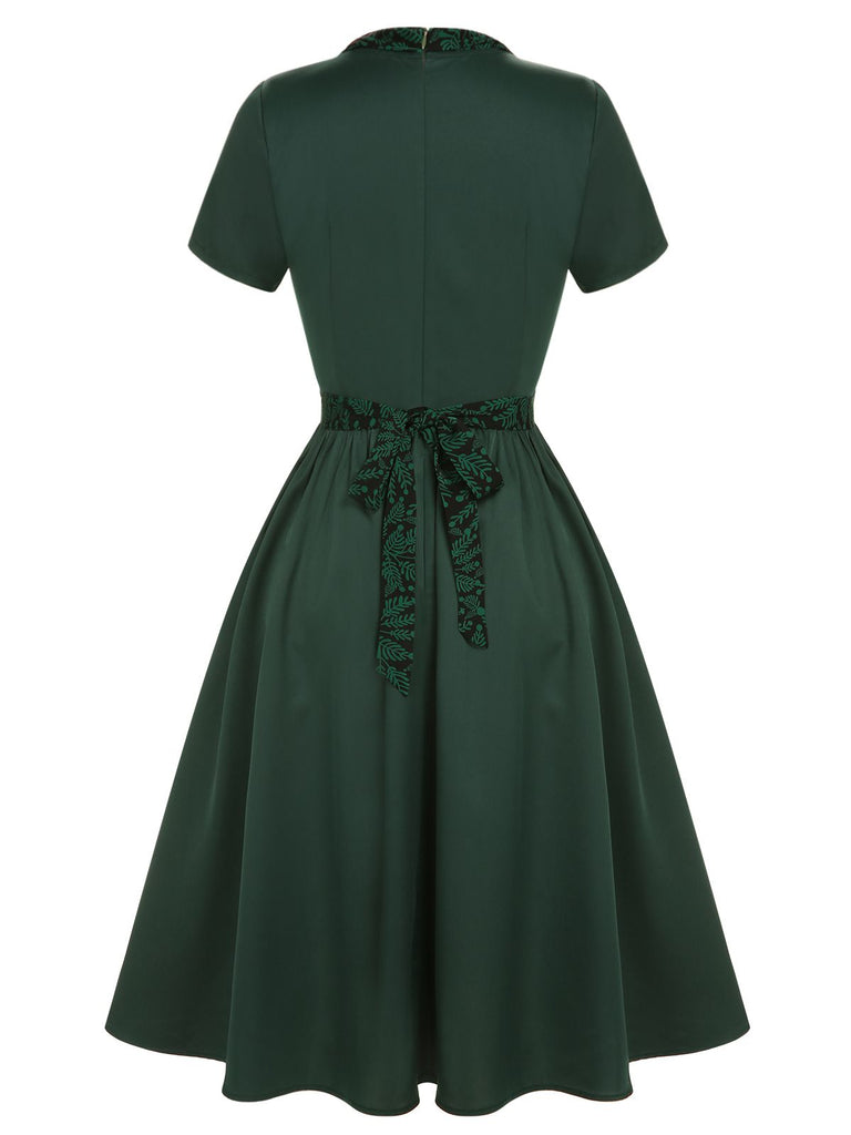 Green 1950s Solid Bow Square Collar Dress