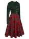 Green&Red 1950s Square Neck Plaids Long Sleeve Dress