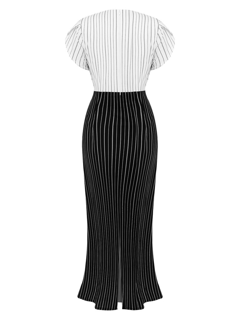 Black&White 1930s Striped Deep V-Neck Patchwork Dress