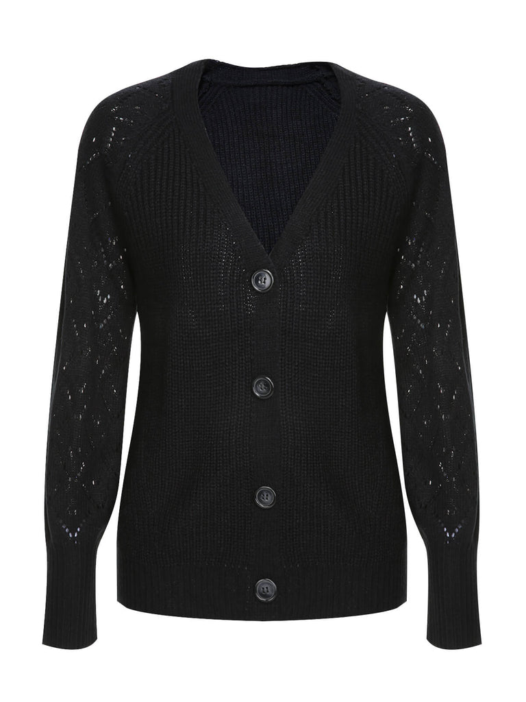 Black 1940s V-Neck Knitted Button Sweater