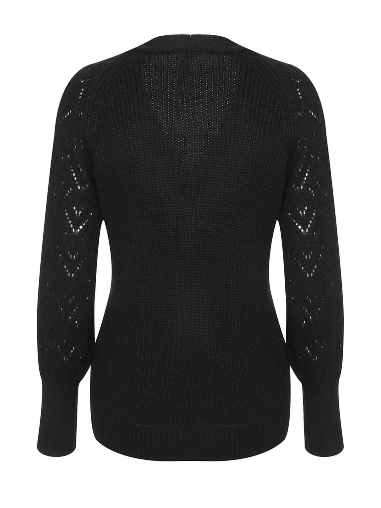 Black 1940s V-Neck Knitted Button Sweater