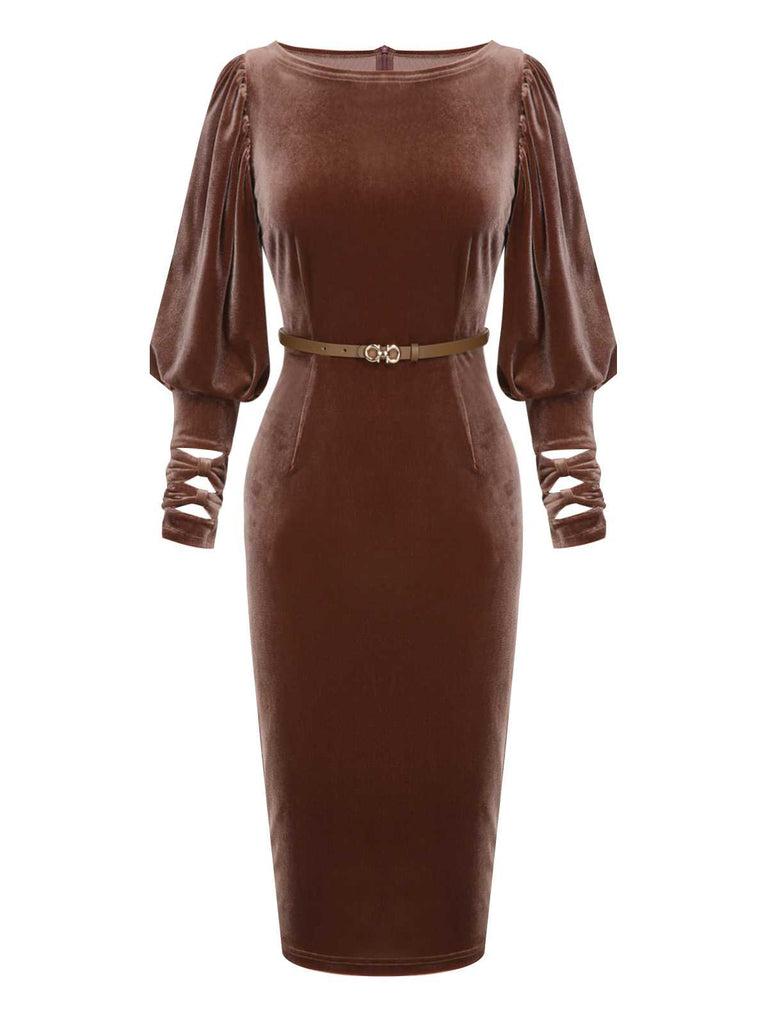 Dark Brown 1960s Puff Sleeve Velvet Belted Dress