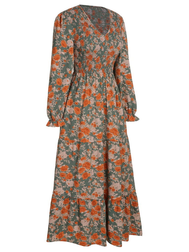 1940s V-Neck Floral Long-Sleeved Dress