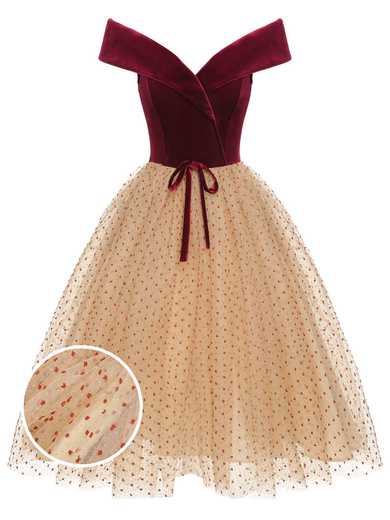 Burgundy 1950s Velvet Mesh Polka Dot Dress