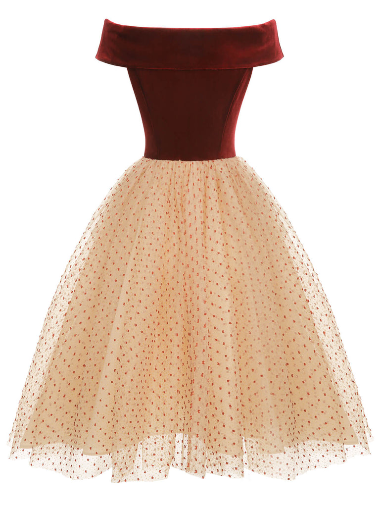 Burgundy 1950s Velvet Mesh Polka Dot Dress