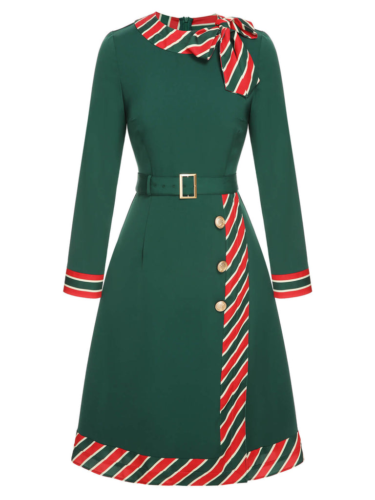 Green 1940s Stripe Patchwork Dress With Belt