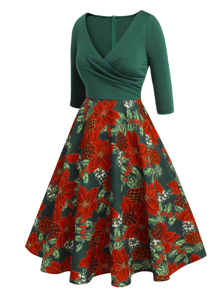 Green 1950s V-Neck Floral Patchwork Dress