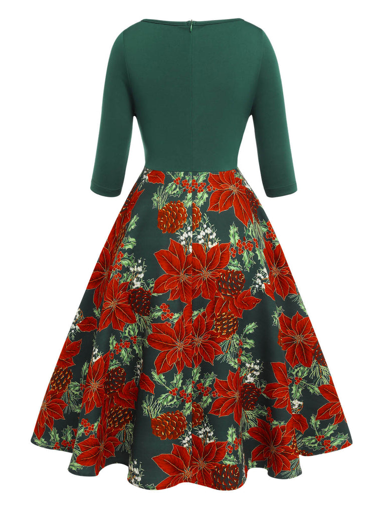 Green 1950s V-Neck Floral Patchwork Dress