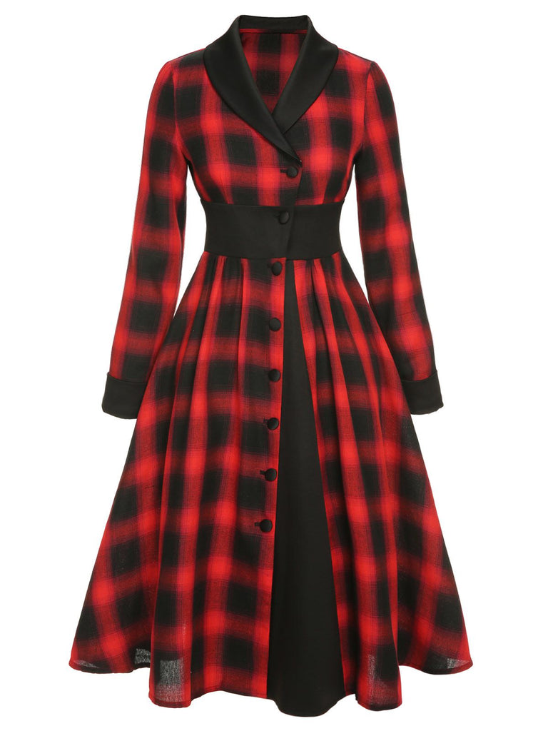 Black&Red 1950s Gingham Plaid Button Lapel Dress