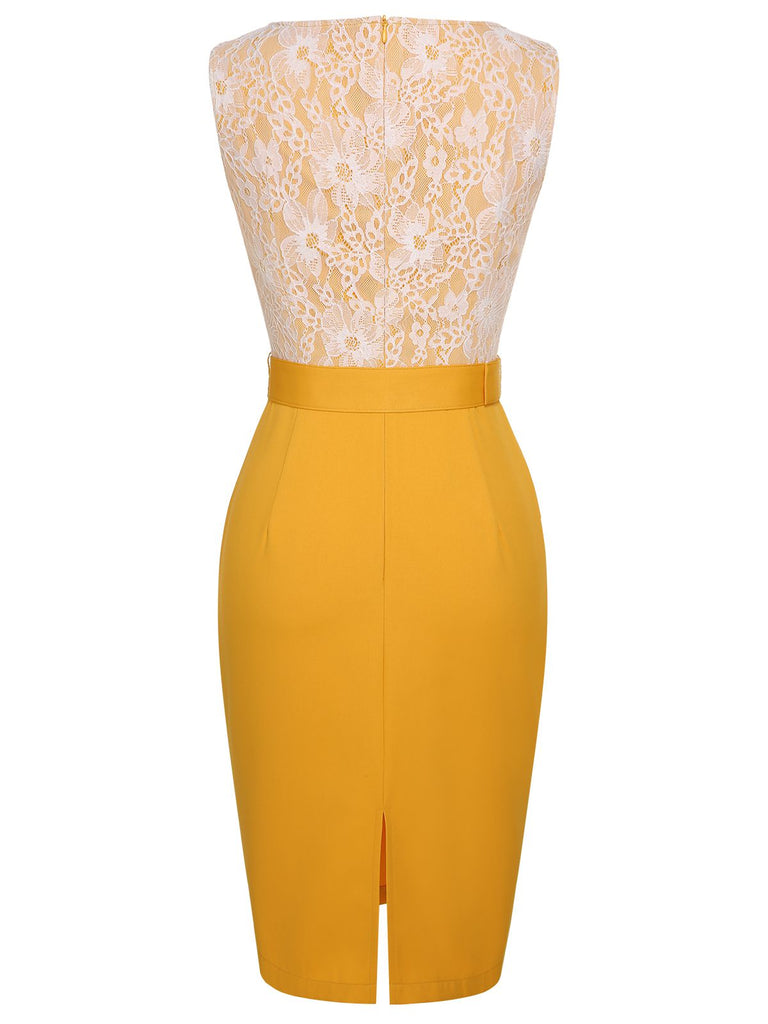 Yellow 1960s Solid Lace Patchwork Belt Dress