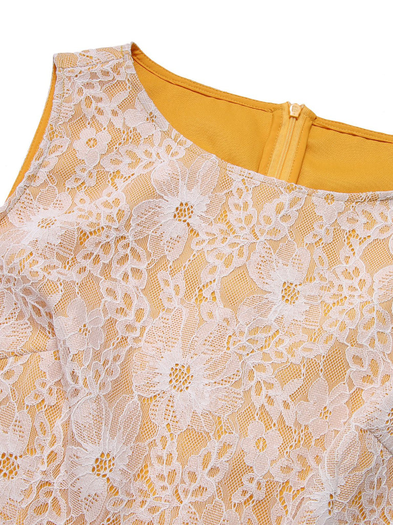 Yellow 1960s Solid Lace Patchwork Belt Dress