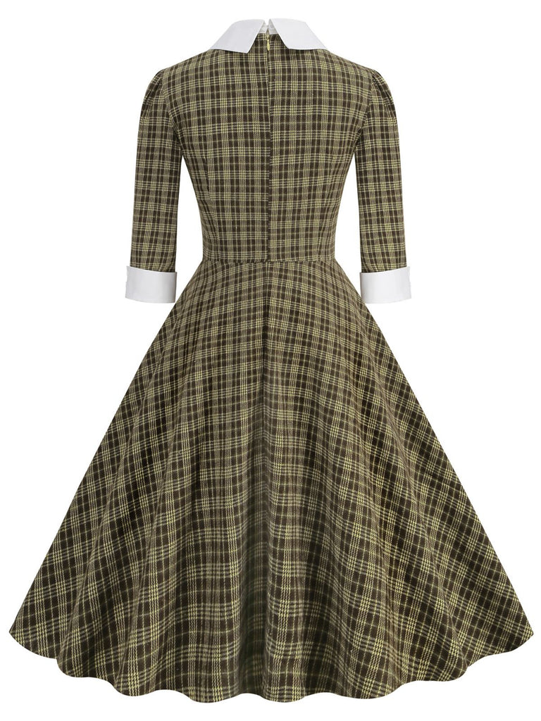 Brown 1950s Lapel Bow Decor Plaids Dress