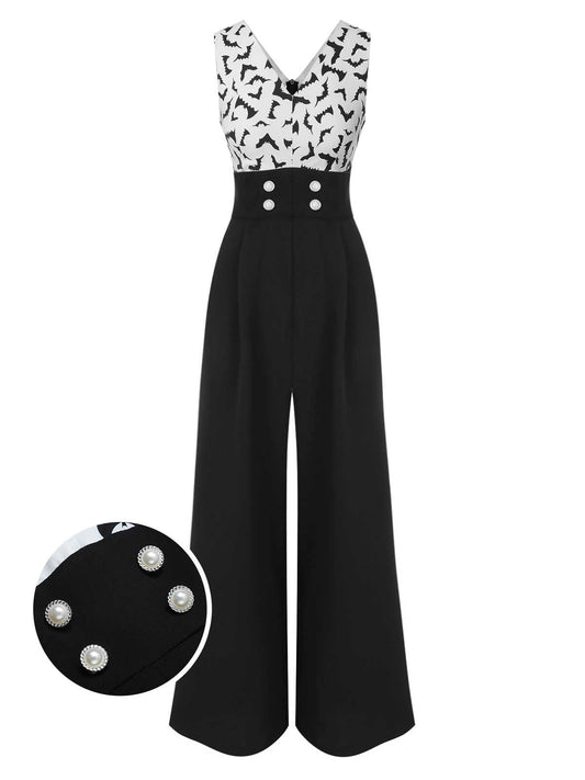 Black 1930s Halloween Bat Patchwork Jumpsuit