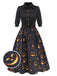 Black 1940s Halloween Lapel Pumpkin Belted Dress