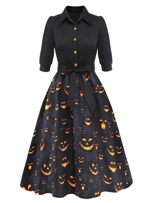 Black 1940s Halloween Lapel Pumpkin Belted Dress