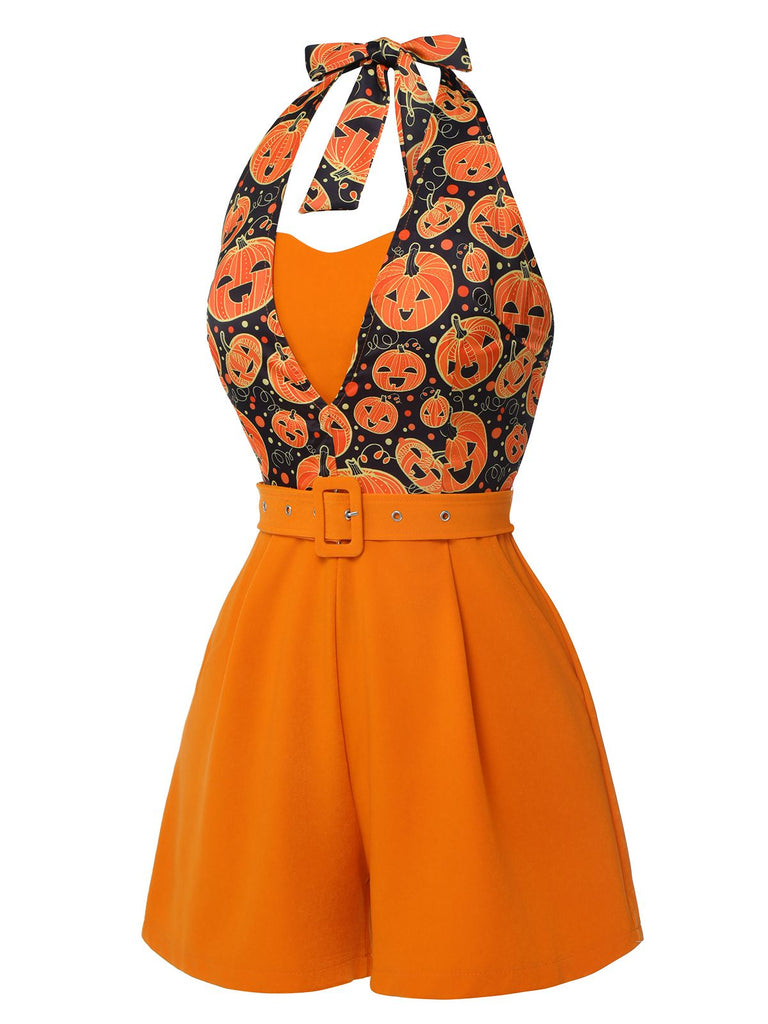 Orange 1950s Halloween Pumpkin Halter Romper