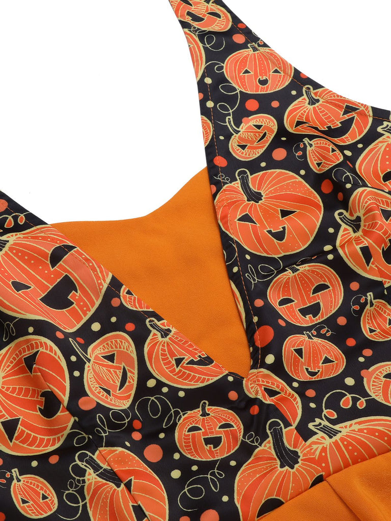 Orange 1950s Halloween Pumpkin Halter Romper