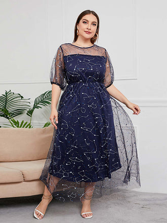 [Plus Size] Dark Blue 1930s Constellation Mesh Dress