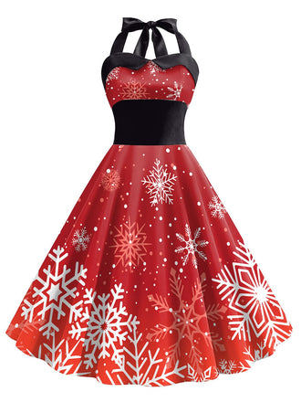 Red 1950s Christmas Snowflake Halter Dress