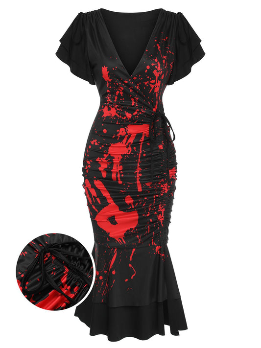 Black 1930s V-Neck Blood Handprint Fishtail Dress