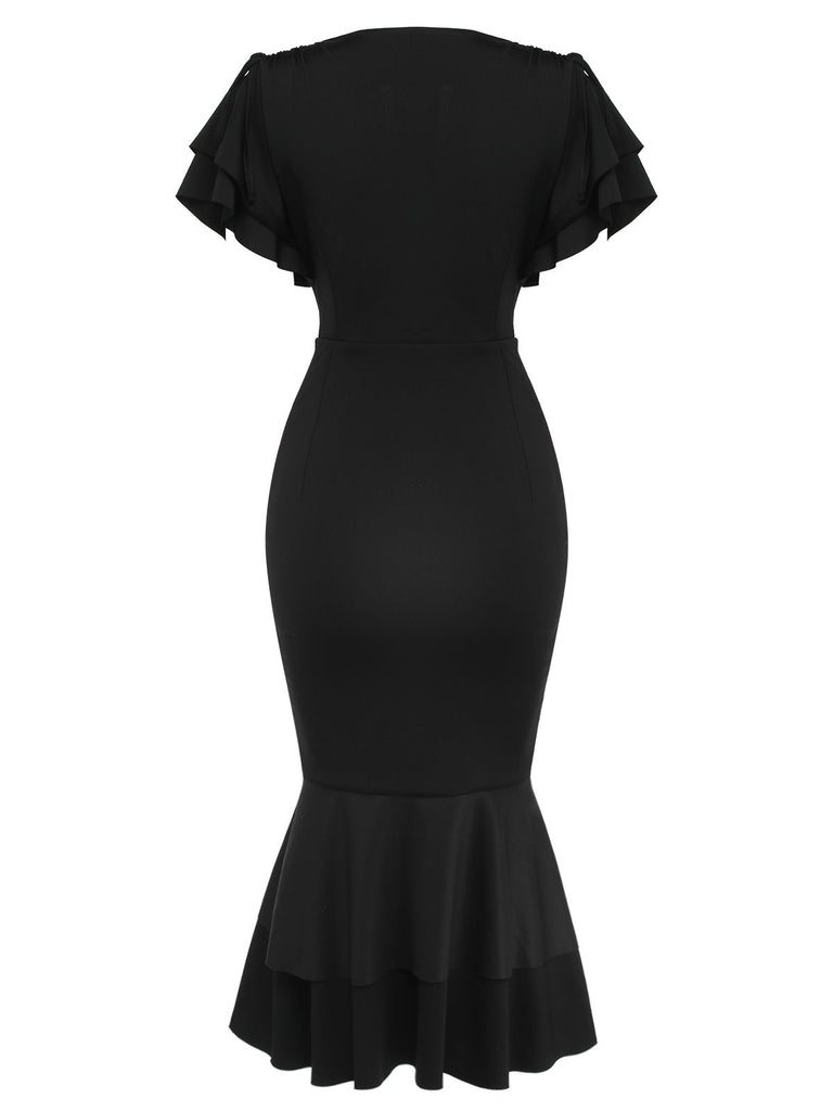 Black 1930s V-Neck Blood Handprint Fishtail Dress