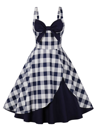 Navy Blue 1950s Plaid Strap Swing Dress
