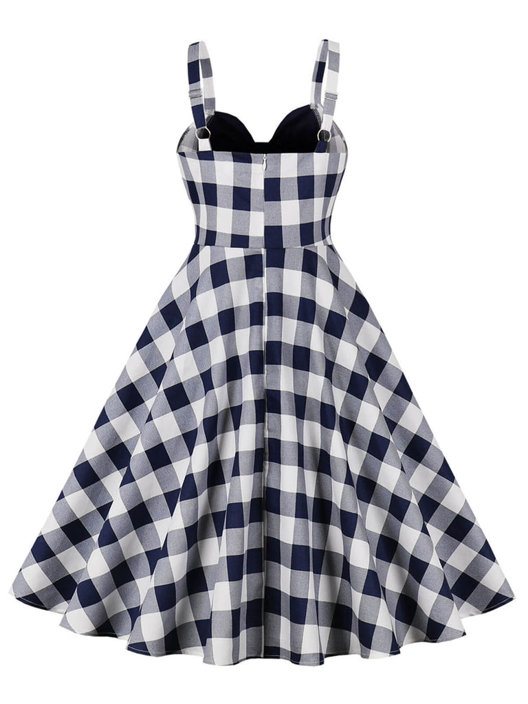 Navy Blue 1950s Plaid Strap Swing Dress