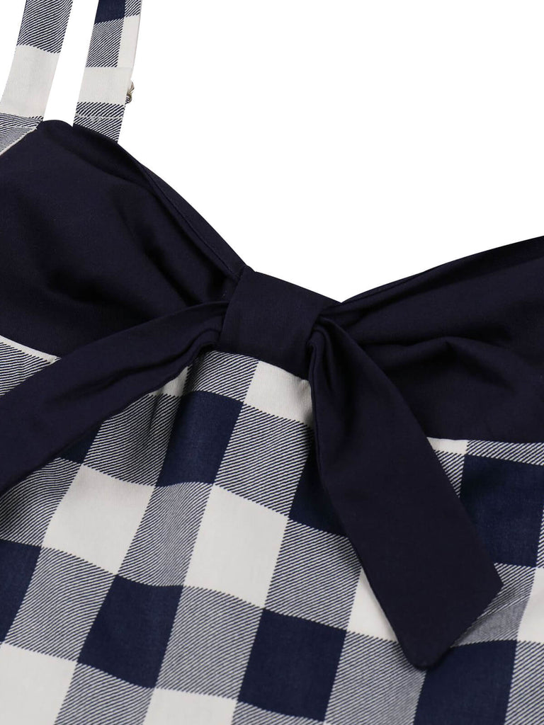 Navy Blue 1950s Plaid Strap Swing Dress