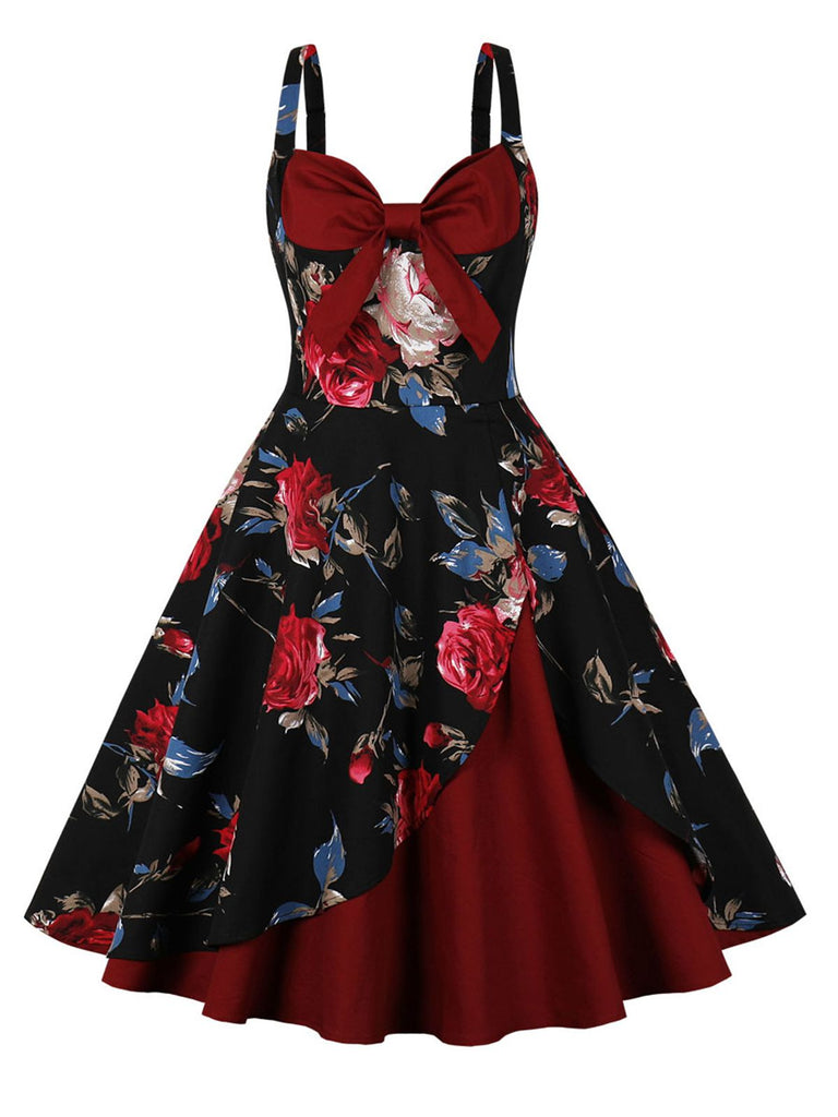 Deep Red 1950s Rose Strap Patchwork Dress