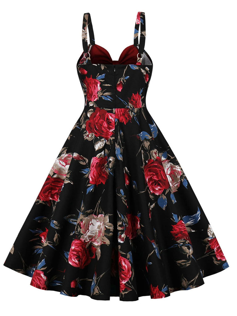Deep Red 1950s Rose Strap Patchwork Dress